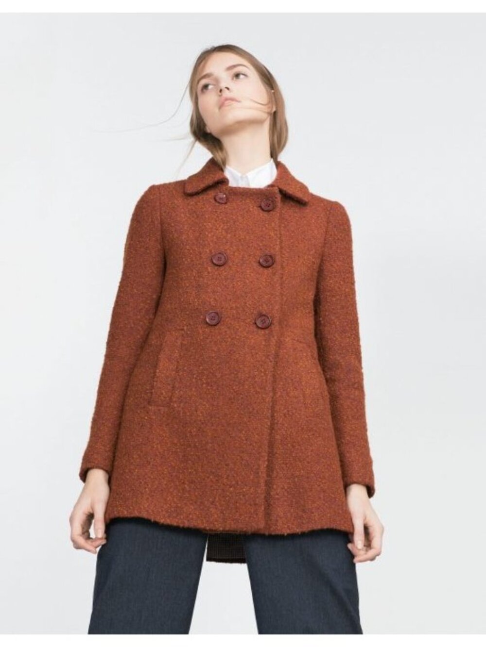 Zara Outerwear Brown Double Breasted Boucle Coat Pockets Size L Jacket Peacoat - Picture 4 of 16